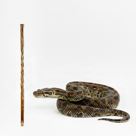 Coiled snake next to a wooden stick on a white background